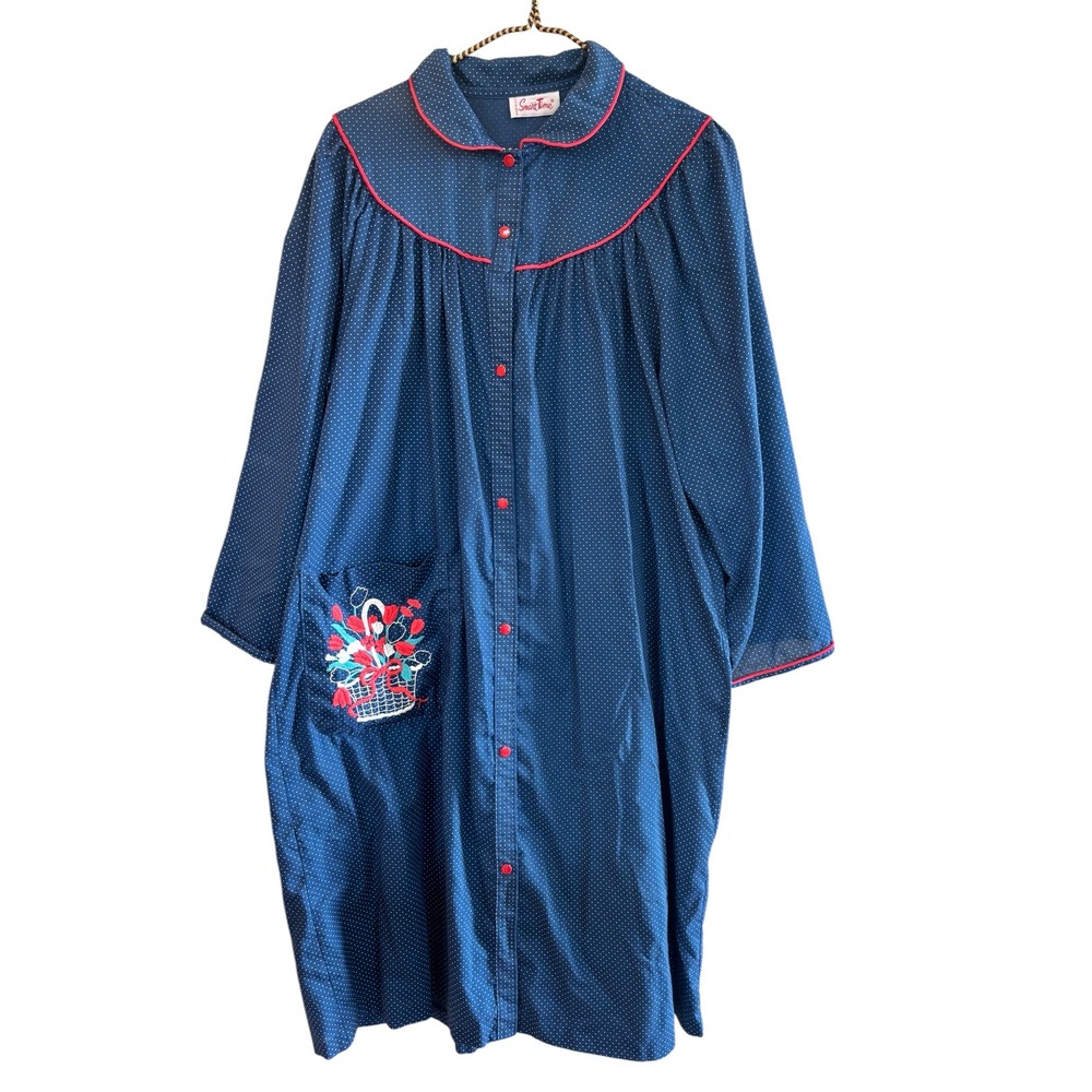 Vintage Smart Time Polka Dot House Dress Snap Front Duster Robe Blue Red XL